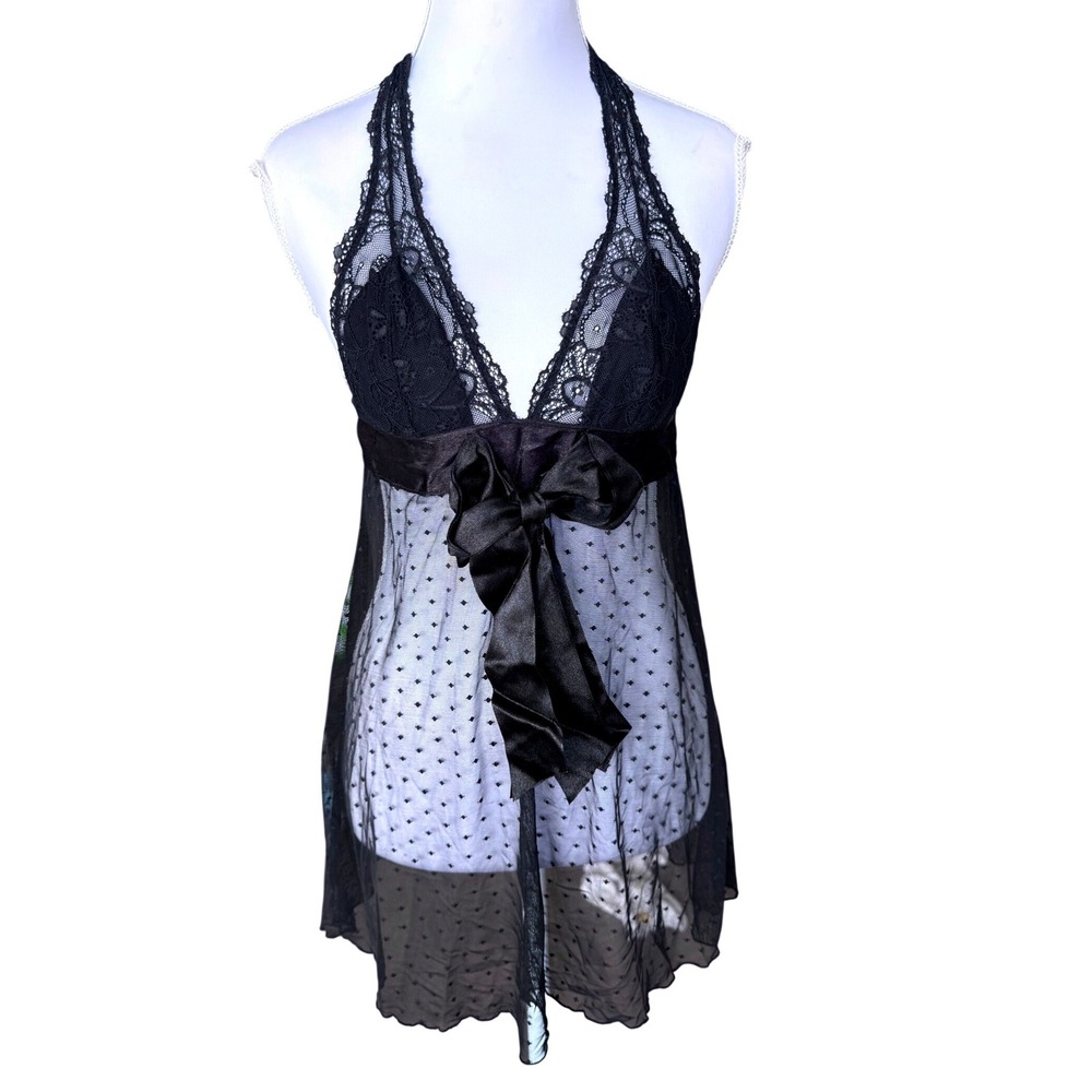 Hanky Panky Babydoll Chemise Lace Halter Swiss Dot Mesh Bow Black Size 8